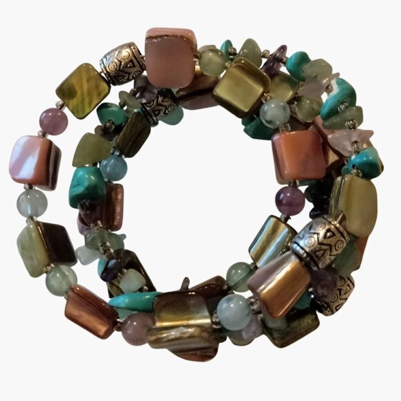 Shell Turquoise Bead Wrap Bracelet Beaded Adjustable Colorful Beachy Coastal - Picture 5 of 6
